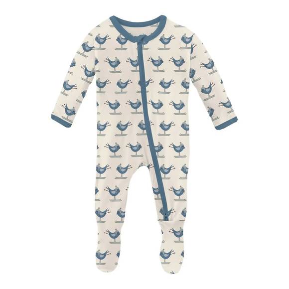 NEW KICKEE baby 2 way zipper print footie in natural ski birds - Picture 1 of 1